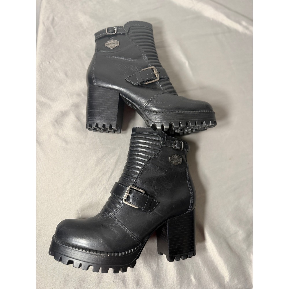 Harley-Davidson Womens 7.5 Black Leather Moto Platform Block Heel Ankle Boots
